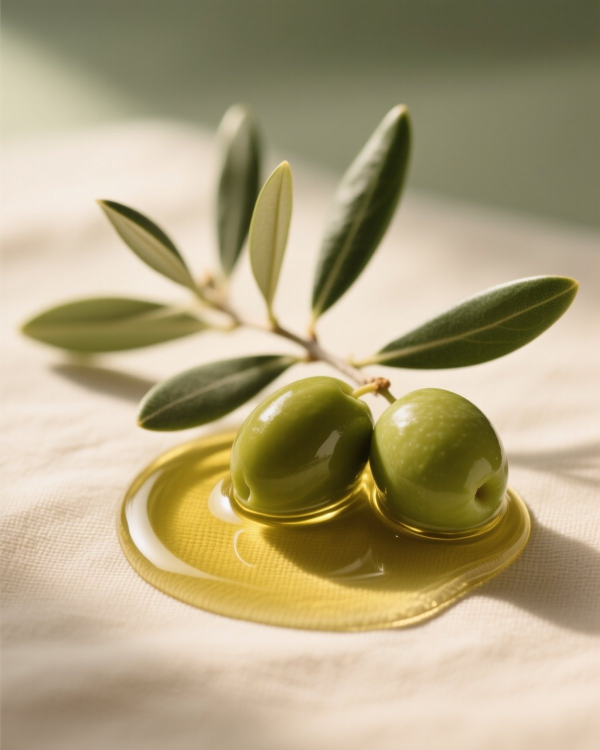 Detalle de aceite de oliva virgen extra y rama de olivo